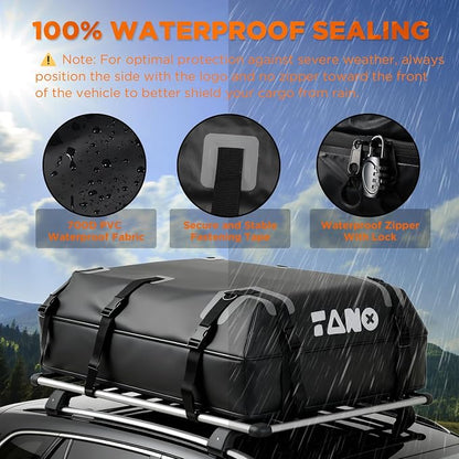 TANX Car Roof Bag - 21 Cubic Feet Rooftop Cargo Carrier, 100% Waterproof for All Cars with/Without Roof Rack, Includes Anti-Slip Mat, 12 Reinforced Straps, 6 Door Hooks, Luggage Lock & Storage Bag