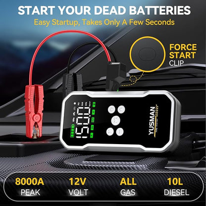 Jump Starter with Air Compressor, 8000A 160PSI Jump Starter Pack (10.0 Gas/7.0L Diesel), 12V Car Jump Starter, Battery Jump Starter with Display, Smart Jumper Cables, 2 LED Light