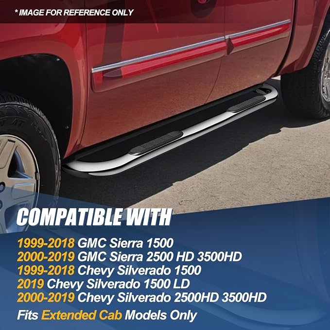 Auto Dynasty Running Board Compatible with 1999-2019 Silverado Sierra 1500 2500HD 3500HD Extended Cab, Stainless Steel Side Step Rail Nerf Bars, 3" Step Bars, Polished Chrome