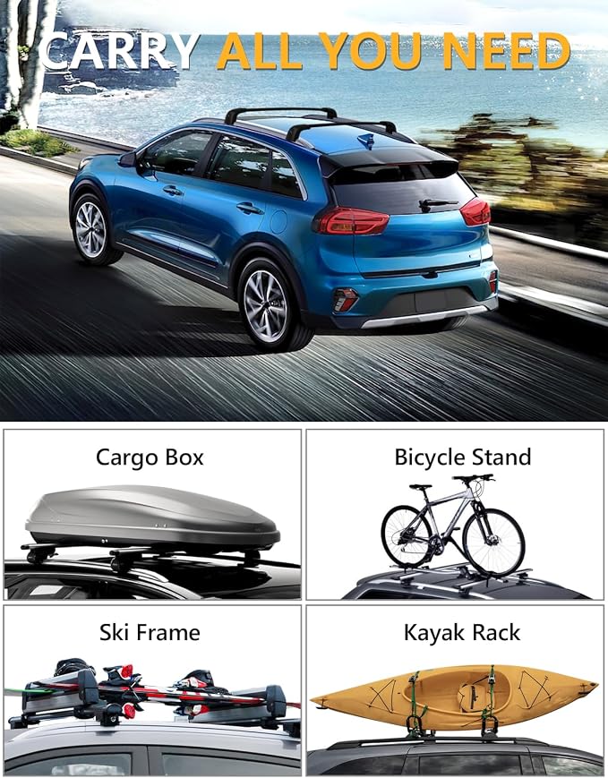 Tuyoung 300lbs Lockable Roof Rack Cross Bars Compatible with KIA NIRO 2017 2018 2019 2020 2021 2022, Heavy Duty Aluminum Roof Rails Crossbars Cargo Bars Canoe Snowboard Rooftop Black Carrier Luggage