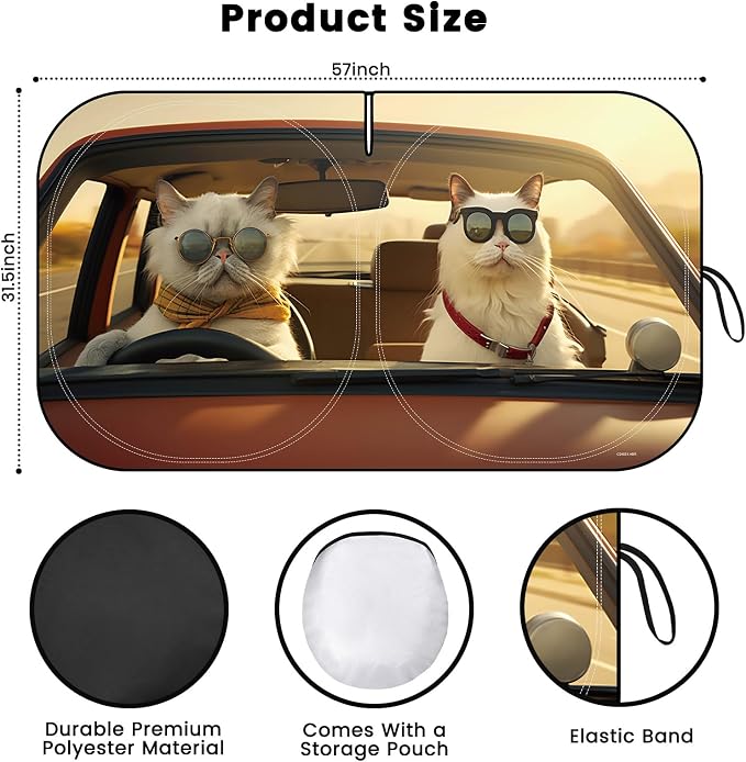 Windshield Sun Shade, Car Sun Shade Windshield, Reflector Sunshade Offers Ultimate Protection for Car Interior, Reflective Polyester Blocks Heat for Sedans, Mini SUVs, Hatchbacks - 57 x 31.5 inches