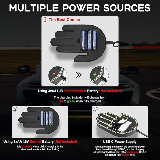 DIBMS Car Gesture Decorative Lights, Ambient Lighting, Rechargeable LED Gesture Lights for Car Road Rage LED Signs Calm Road Rage, Remote Control Triple Mode Fun Finger Lights (Blue)