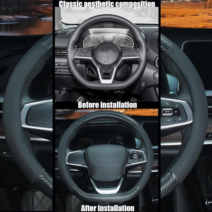 D Shaped Steering Wheel Cover, Flat Bottom Car Wheel Cover 14 1/2-15 inch (37-39 cm), Non-Folding Packaging, Microfiber Leather, Black with Carbon Fiber Pattern