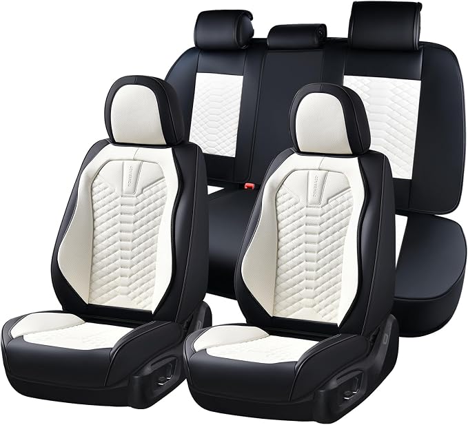 Coverado Leather Seat Covers, Car Seat Covers Full Set, Waterproof Nappa Leather Car Seat Cover, Car Seat Protectors 5 Seats, Black & White Automotive Seat Covers Fit for Most Cars Trucks