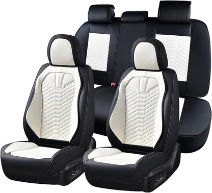Coverado Leather Seat Covers, Car Seat Covers Full Set, Waterproof Nappa Leather Car Seat Cover, Car Seat Protectors 5 Seats, Black & White Automotive Seat Covers Fit for Most Cars Trucks