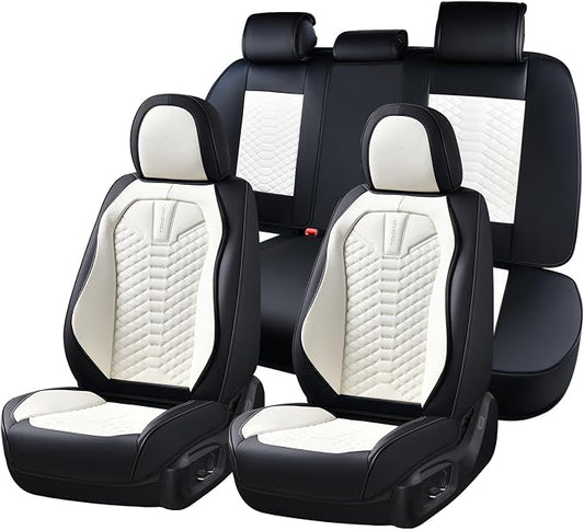 Coverado Leather Seat Covers, Car Seat Covers Full Set, Waterproof Nappa Leather Car Seat Cover, Car Seat Protectors 5 Seats, Black & White Automotive Seat Covers Fit for Most Cars Trucks