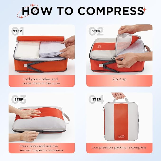 OlarHike 10 Set Compression Packing Cubes for Travel Essentials,Compressible Expandable Packing Cubes for Suitcase,Luggage Garment Bags with Over 99 pcs of Mesh Holes(Orange)