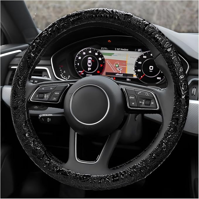 Leather Car Steering Wheel Cover, 15" Crocodile Pattern Anti Slip Car Wheel Wrap with Rose Grain, Four Seasons Universal Auto Steering Wheel Protector for Cars Trucks SUVs (Black)