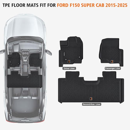 All Weather Car Floor Mats for 2015-2025 Ford F-150 Super Cab/Extended Cab with 1st Row Bench Seats Only (Not for SuperCrew Cab), TPE Rubber Floor Liners Anti-Slip Automotive Mats for F150 Accessories