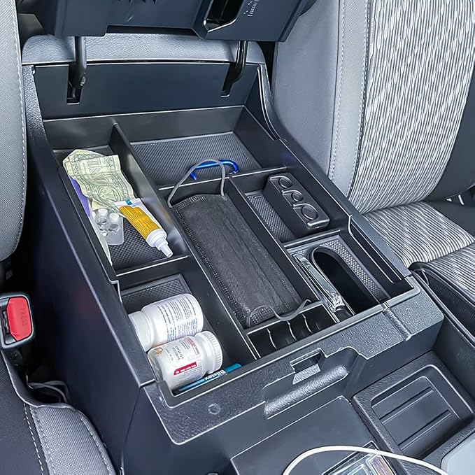 Center Console Organizer Compatible with 2014-2017 2018 2019 2020 2021 Tundra Accessories, Crewmax Interior Armrest Underseat Storage Box- Full-coverage Insert Tray, Red Trim