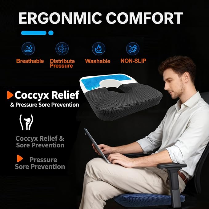 Donut Pillow for Tailbone Pain&Hemorrhoid,Wheelchair Seat Cushion for tailbone pain relief,Gel Cushions for Pressure Relief,Memory Foam Pad for Office Chair,Stands& Stadium Seat Cushion(Black)