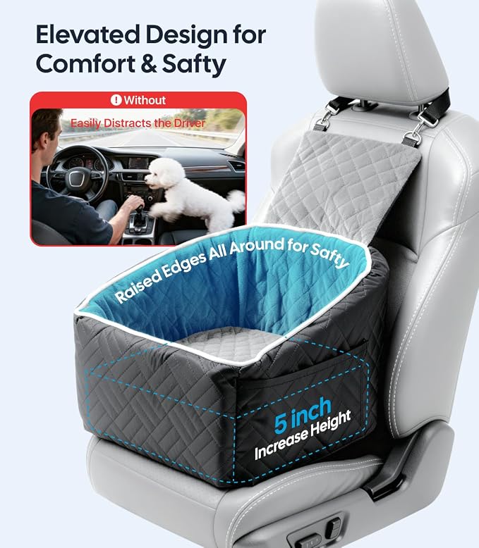 Wigoo Dog Booster Car Seat for Small/Medium Dogs Under 35 lbs, Memory Foam Elevated Seat, Fully Detachable & Washable, Pet Car Travel Home Bed with Storage Pockets, 1 Safety Belt, Black