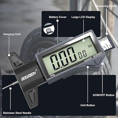 GODESON Digital Tire Tread Depth Gauge - IP54 Waterproof, 2.5" LCD Screen, 3 Modes (Fraction/Inch/MM), 1" Range, Auto-Off, Tire Wear Measure Gauge Tool 32nds for Car, Truck & SUV Tires