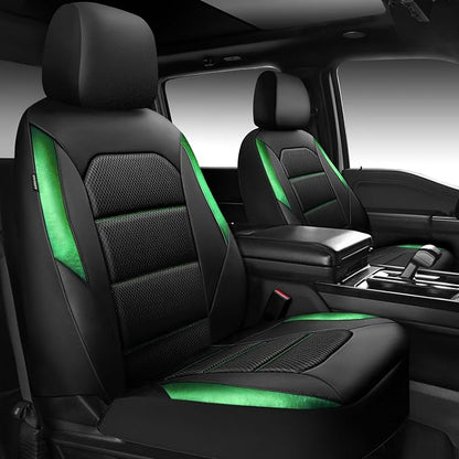 Car Pass Memory Foam Leather Seat Covers,Air Cool Mesh Thick Car Seat Covers Front Seat Green Leather Seat Covers for Cars Universal for SUVs Trucks,Airbag Compatible Comfort Durable,Black Green Metal