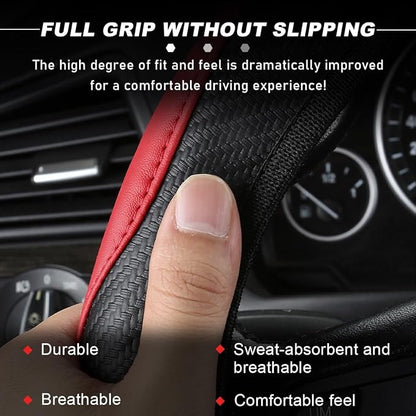 DXNQ Car Steering Wheel Cover, 15 Inch Carbon Fiber Leather Stitching Color Steering Wheel Protector, Anti-Slip Elastic Breathable Steering Wheel Cover Stylish Decor for Most Cars (Black)