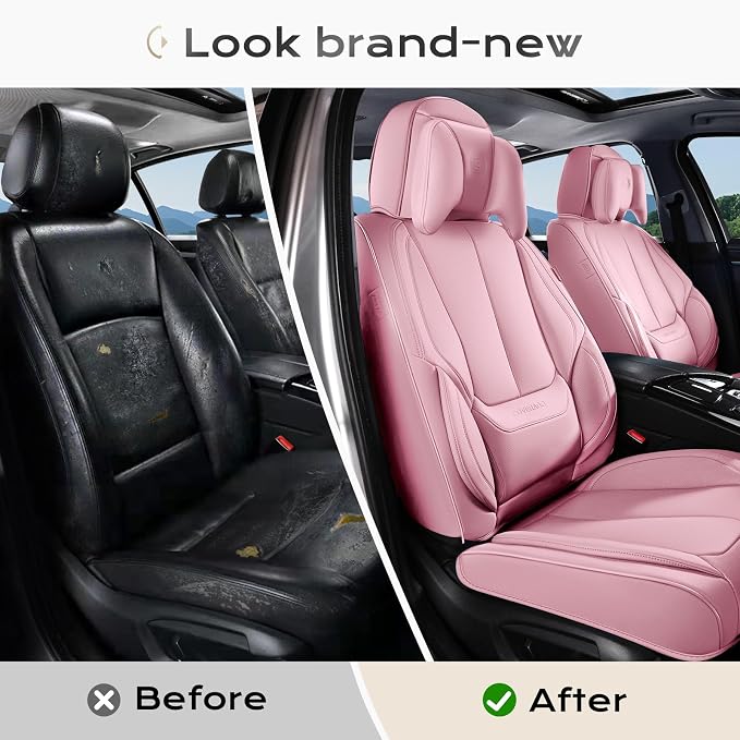 Coverado Seat Covers, Car Seat Covers Front Seats, Car Seat Cover, Car Seat Protector Waterproof, Seat Cushion Nappa Leather with Head Pillow, Carseat Cover Universal Fit for Most Cars (Pink)