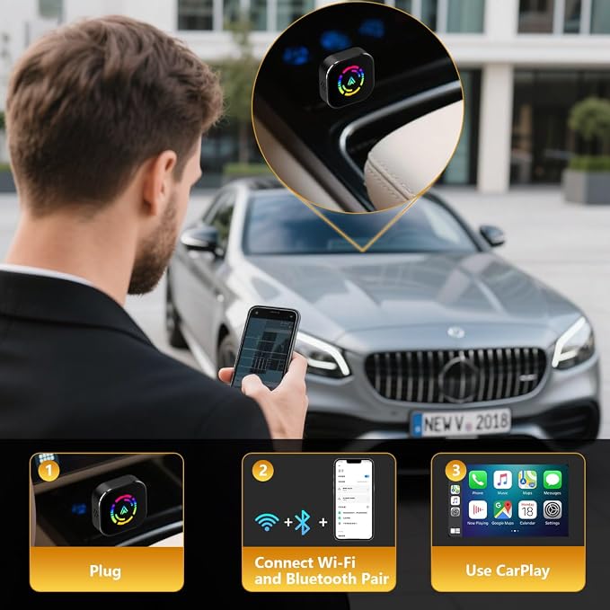 Wireless Carplay Adapter for iPhone,Carplay Wireless Adapter for Car with Wired CarPlay,Mini Compact Design with USB/Type-C Port,Plug and Play,Stable Connection & No Delay-Black