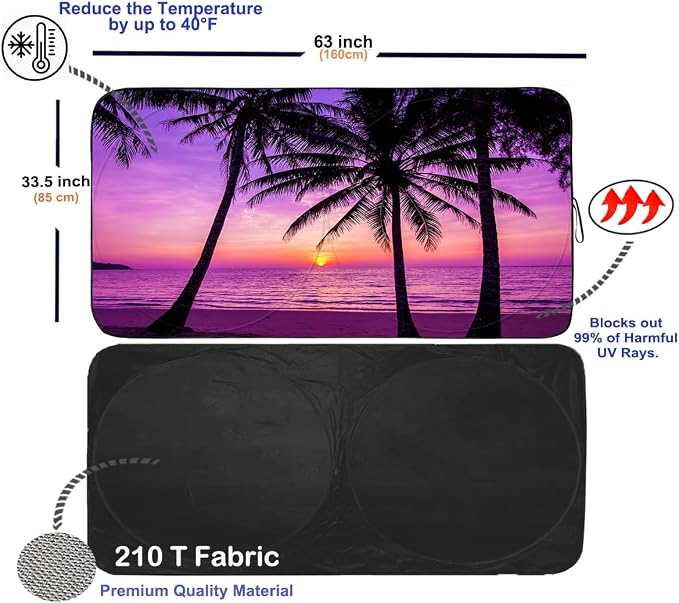 Gven Windshield Sun Shade, Car Front Window Shades Cute Sunshade Cover Sun Visor Shield Block Automotive Interior Protector Blocks UV Rays for Pickup Truck SUV Accessories(Sunset Purple, L), Large