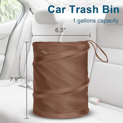 Car Trash Can, 2 Packs Mini Car Garbage Can, Collapsible Trash Bin | Pop-Up Trash Can for Car Front Back Seat, Portable Car Trash Bag Hanging for Vehicle SUV Rv Truck Accessories Interior, Brown