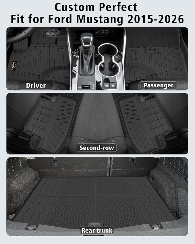 Floor Mats & Cargo Liner Custom Fit for Ford Mustang 2026 2025 2015-2024 (NOT for Mach-E) All Weather TPE Rubber 1st & 2nd Floor Liners Automotive Trunk Mat for Mustang 2025 Accessories, Black