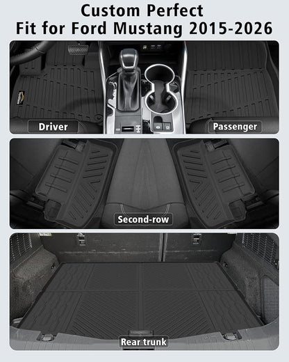 Floor Mats & Cargo Liner Custom Fit for Ford Mustang 2026 2025 2015-2024 (NOT for Mach-E) All Weather TPE Rubber 1st & 2nd Floor Liners Automotive Trunk Mat for Mustang 2025 Accessories, Black