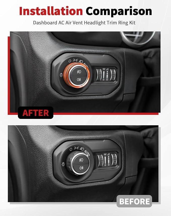 JWWY JL AC Air Vent Trim Rings & Dashboard Headlight Switch Decor Switch Knob Cover Kit Fit for 2018-2023 Jeep Wrangler JL JLU Interior Accessories, Aluminum Alloy 8PCS Orange