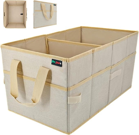 PAT SAM'S Car Trunk Organizer for SUV, Foldable Collapsible Storage Organizer with Dividers, Non-Slip Waterproof 600D Oxford, Backseat & Trunk Storage for Groceries, Tools, Toys (Beige)
