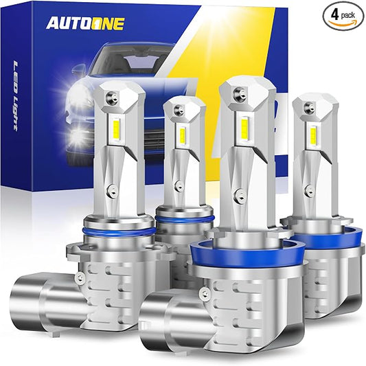 AUTOONE 9005 H11 LED Bulbs Combo, 100000LM CANBUS Fanless HB3 H8 H9 Fog Light Bulb 6000K White Car Replacement Bulbs, Pack Of 4
