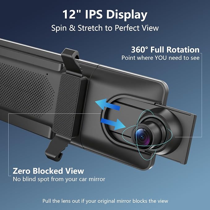 12" Rear View Mirror Camera 4K + 2K Mirror Dash Cam Front and Rear with STARVIS Night Vision Rearview Mirror Backup Camera, WDR, G-Sensor, Loop Recording, GPS, App, 64GB Card