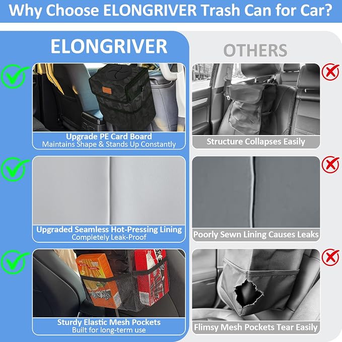 ELONGRIVER Car Trash Can Bin for Back Seat Leak Proof, Cute Car Trash Bag Hanging, Vehicle Trash Can for SUV Truck Van, Automotive Garbage Cans Front Seat Camo Black