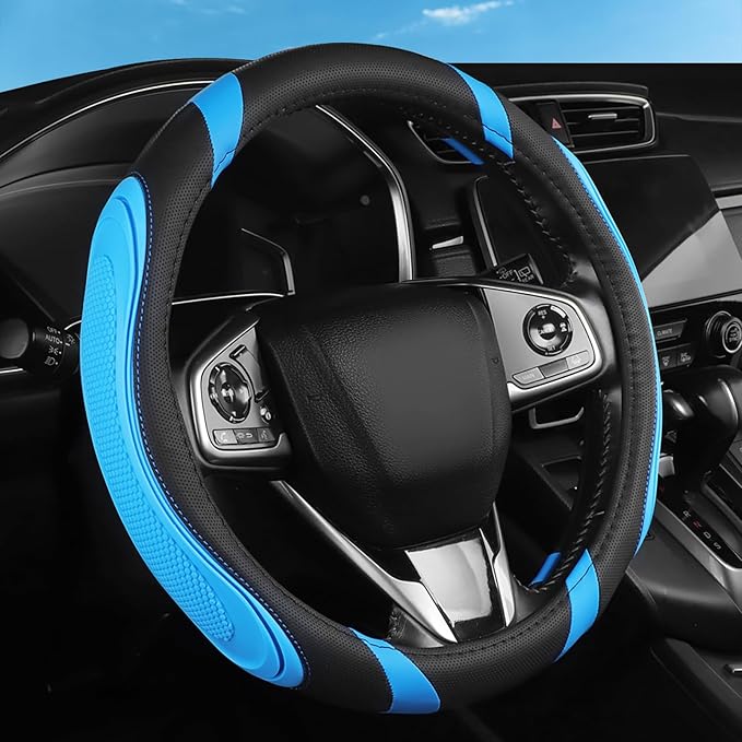 Concave Convex Massage Black Blue Microfiber Leather Steering Wheel Cover, 14.5-15 Inch Non-Slip Breathable Microfiber Car Steering Wheel Protector
