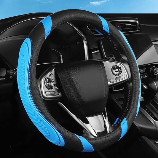 Concave Convex Massage Black Blue Microfiber Leather Steering Wheel Cover, 14.5-15 Inch Non-Slip Breathable Microfiber Car Steering Wheel Protector