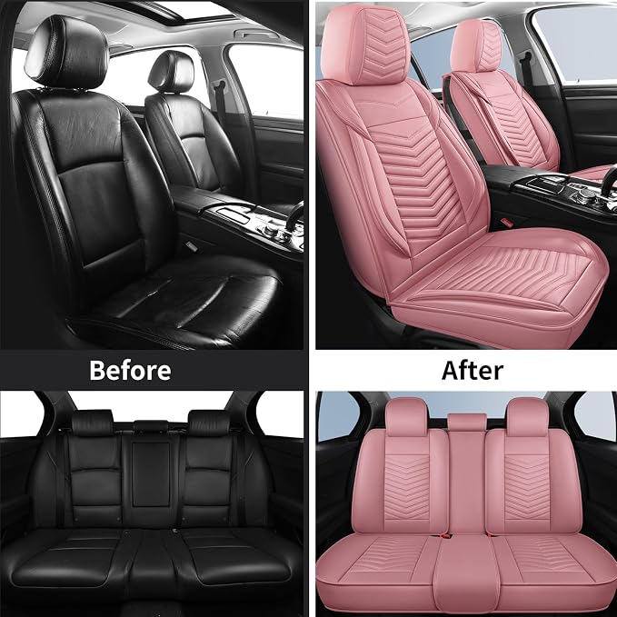 HChengkikz Nappa Leather Car Seat Covers Full Set, Pink Car seat Protector 5 Seats, Waterproof Car Seat Cushion, Universal Automotive Seat Covers Fit for SUV Truck Pick-up Sedan, Front and Rear
