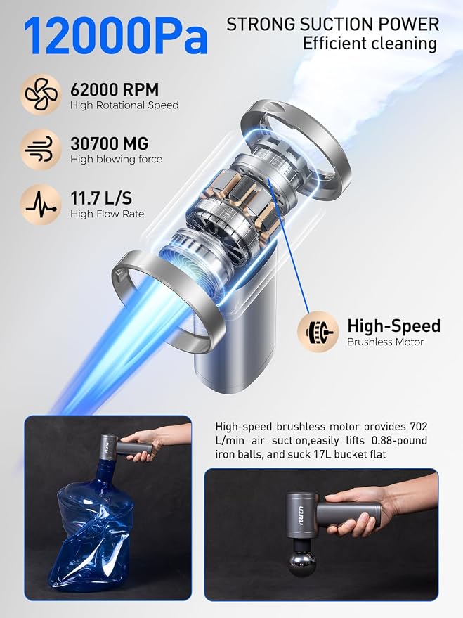 Mini Car Vacuum, 12000PA Powerful Suction, Portable Vacuum for Car, Handheld Cordless Small Vacuum Cleaner & Air Duster for Home, Desk,PC, Keyboard