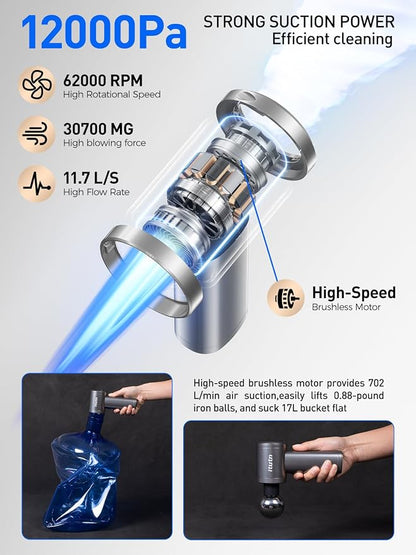 Mini Car Vacuum, 12000PA Powerful Suction, Portable Vacuum for Car, Handheld Cordless Small Vacuum Cleaner & Air Duster for Home, Desk,PC, Keyboard
