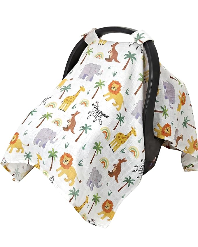 Rquite Baby Boy Car Seat Cover, 100% Muslin Cotton Infant Carseat Canopy, Soft Breathable Stroller Sun Shade & Newborn Shower Gift, Large Size Universal Fit Summer, Hot & Warm Weather (Forest Animals)