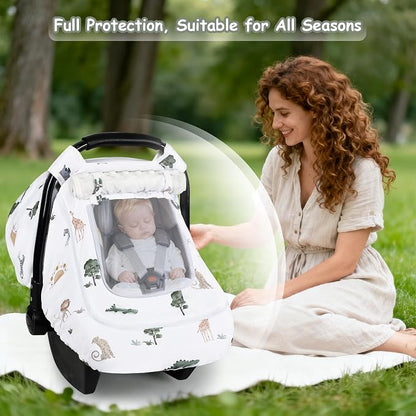 Winter Car Seat Cover Baby with Sunshade & Dual Zipper Windows - Minky Bubble Lined Windproof Soft Shell, Warm Newborn Car Seat Canopy Covers, Elastic Bottom for Stroller & Infant Car Seat, Animal