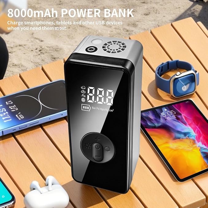 8000A Jump Starter with Air Compressor - 12V Portable Car Battery Booster Pack (Up to 6.0L Gas/3.0L Diesel), 150 PSI Tire Inflator with Detachable Hose, 80000mAh Power Bank for Phones & Tablets