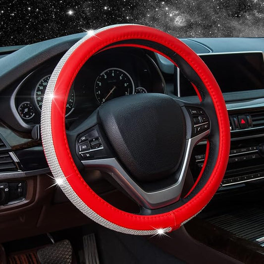 New Diamond Leather Steering Wheel Cover with Bling Bling Crystal Rhinestones, Universal Fit 15 Inch Car Wheel Protector for Women Girls Red