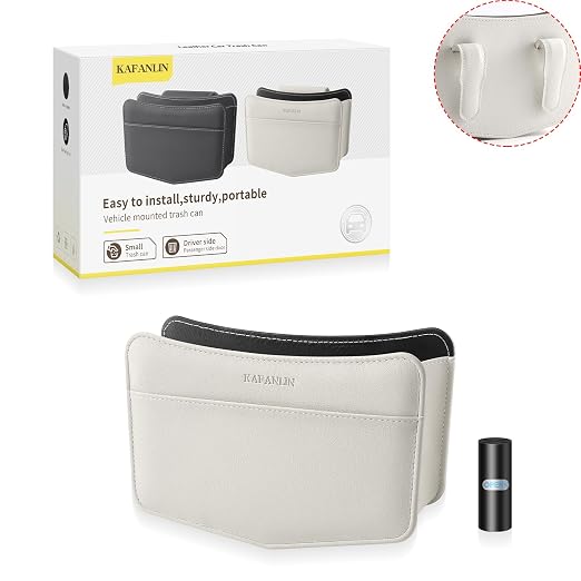 Car Trash Can Small Leather Vehicle Trash Bin Car Dustbin Garbage Organizer Holder with Trash Bag Foldable Mini Cars Storage Bag Container for Auto SUV Van Trucks (White,Clip on)