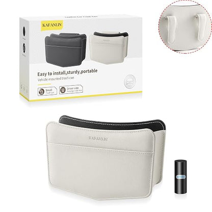 Car Trash Can Small Leather Vehicle Trash Bin Car Dustbin Garbage Organizer Holder with Trash Bag Foldable Mini Cars Storage Bag Container for Auto SUV Van Trucks (White,Clip on)