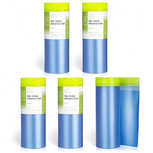 Tangibay Pre-Taped Masking Film for Painting - 44" x 66' Painters Plastic Sheeting with Automotive Paint Tape and Drape for Covering Cars, Walls, Windows and Furniture Protection (5 Rolls)