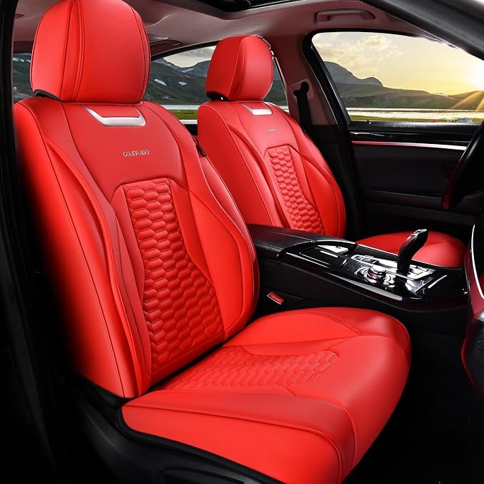 Coverado Seat Covers Front Seats, Luxury Leather Red Car Seat Cover, Waterproof Automotive Car Seat Covers Protector Interior Accessories Universal Fit Most Sedans, SUVs, Pick-up Trucks
