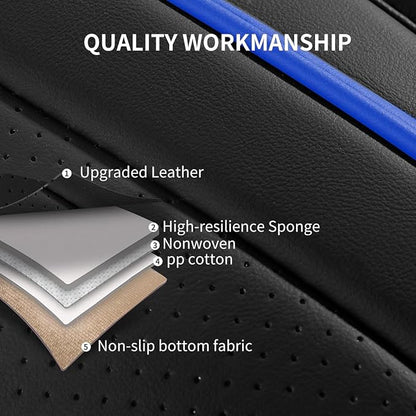 HChengkikz Car Seat Covers, Breathable and Waterproof Faux Leather Automotive Seat Covers, Universal Anti-Slip Driver Seat Cover for Cars SUV Pick-up Truck Sedan (5 PCS Full Set, Black + Blue)