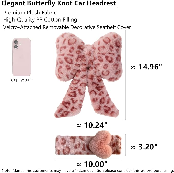 Car Neck Pillow 2PCS Plush Bowknot Car Headrest Pillow – Comfortable Neck Support for Driving Soft Touch Fabric Car Pillow Cute Interior Decor (Pink Leopard Set 4)
