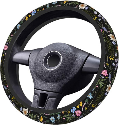 Cute Wildflower Steering Wheel Cover for Women, Universal Auto Steering Wheel 14-15 Inch Car Interior Accessories with 2PCS Car Coasters, Suitable for Men and Women