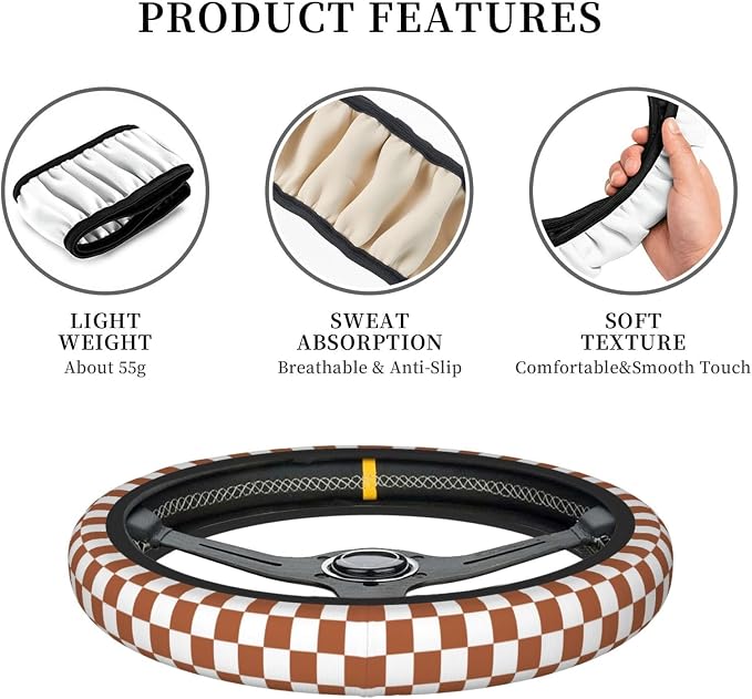 Brown Checkered Steering Wheel Cover for Women,Universal Auto Steering Wheel 14-15 Inch Car Interior Accessories with 2PCS Car Coasters,Suitable for Men and Women