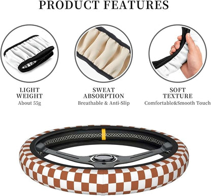 Brown Checkered Steering Wheel Cover for Women,Universal Auto Steering Wheel 14-15 Inch Car Interior Accessories with 2PCS Car Coasters,Suitable for Men and Women