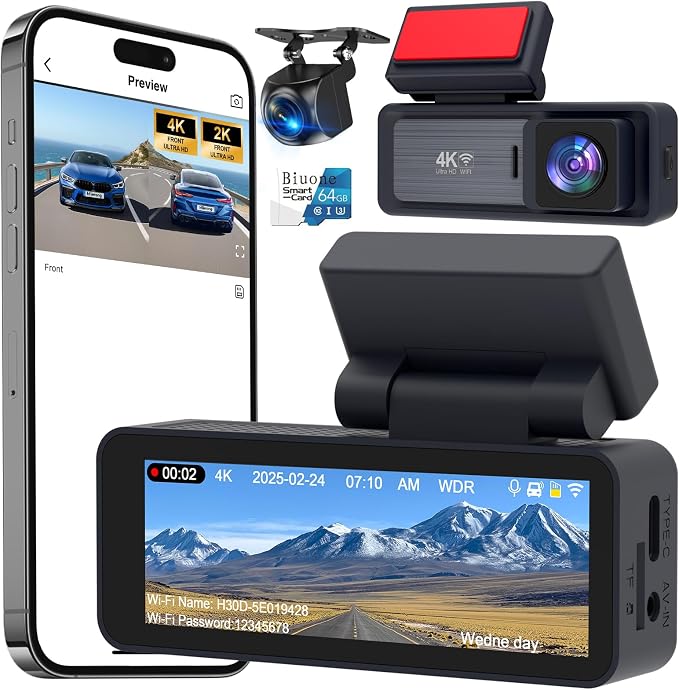 4K Dash Cam, 4K+2K Dash Cam Front and Rear W/ 5GHz WiFi & APP Control 64GB Included, 3.2" IPS Screen Car Dash Cam W/ 24H Parking Monitor, G-Sensor Night Vision, Loop Recording