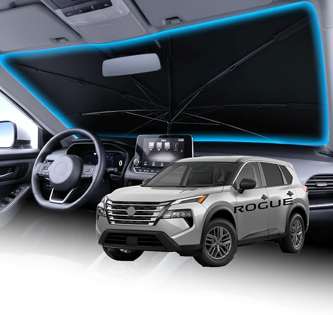 Wigoo Windshield Sun Shade Umbrella for Nissan Rogue 2008-2025 [100% Sun Blockage, Ice Cooling Fabric] Foldable Heat Insulation Front Window Sunshade Umbrella for Nissan Rogue 2008-2025